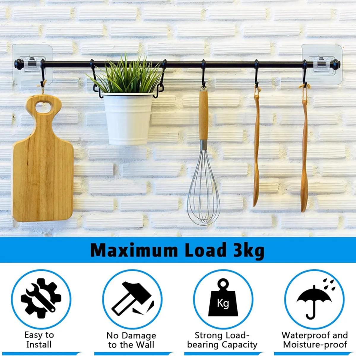 Curtain rod with adhesive holders and hanging kitchen accessories on a wall