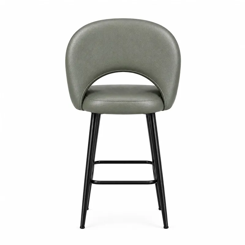 Back view of a light grey bar chair with black metal legs