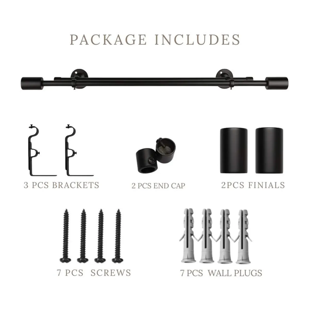 Black double curtain rod and visible mounting hardware arranged together