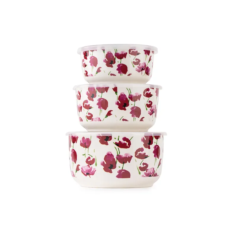Three pink floral containers stacked by size against a white background