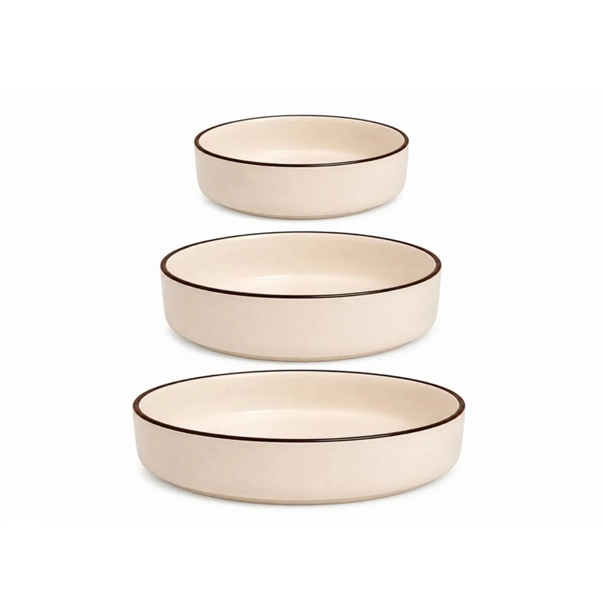 Three round off-white ceramic bowls displayed separately against a white background