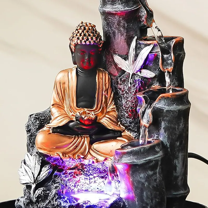 Detailed front close-up of Buddha tabletop fountain with illuminated basin