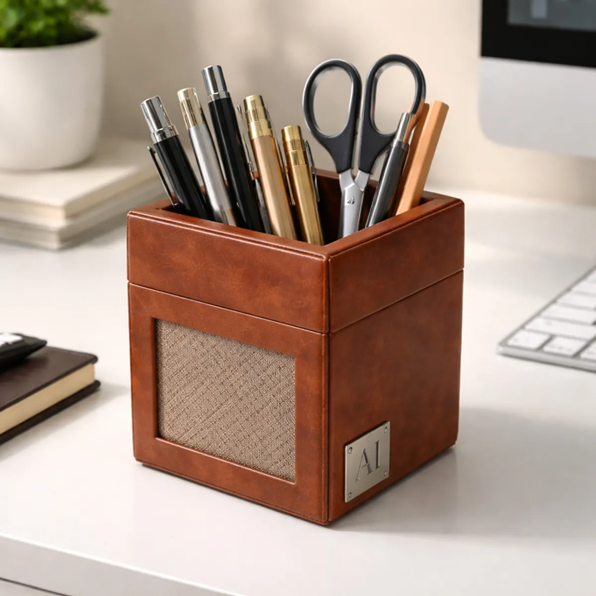 Brown pen stand holding pens and scissors on a contemporary office desk