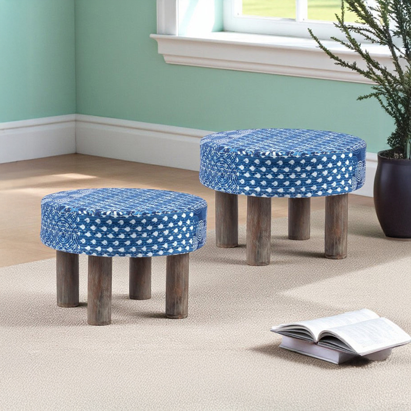 Gavex Sheesham Wooden Stools (Blue) - Set Of Two
