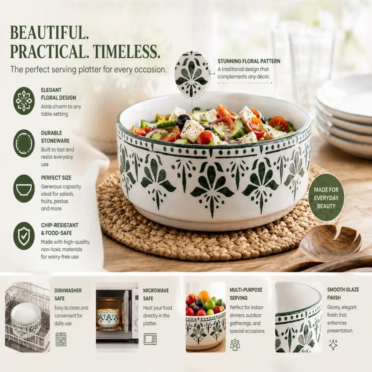 Large green floral ceramic bowl with salad beside serving spoons
