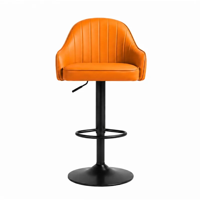 Front view of orange ribbed bar chair with black base and footrest