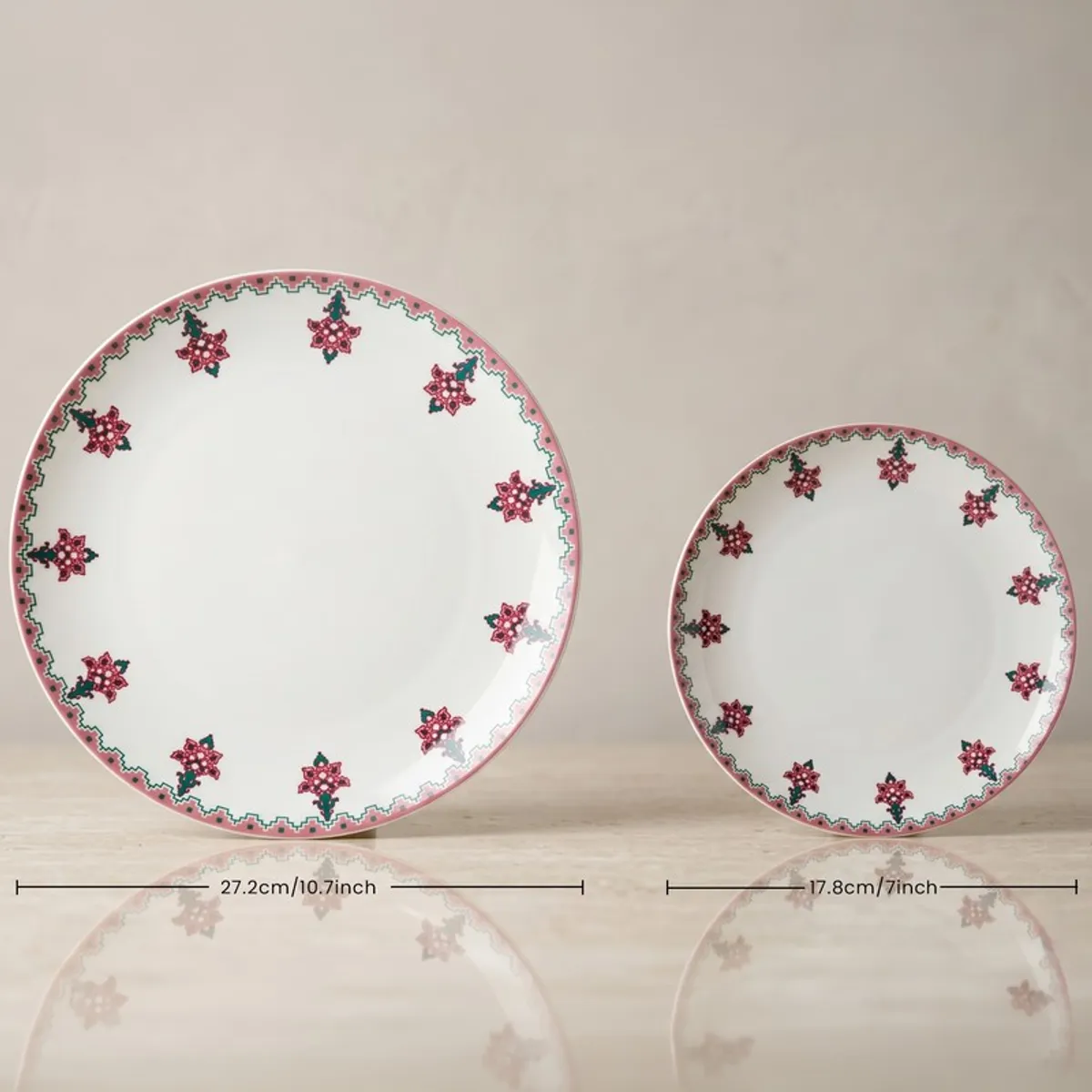 Large and small round plates with pink floral border design