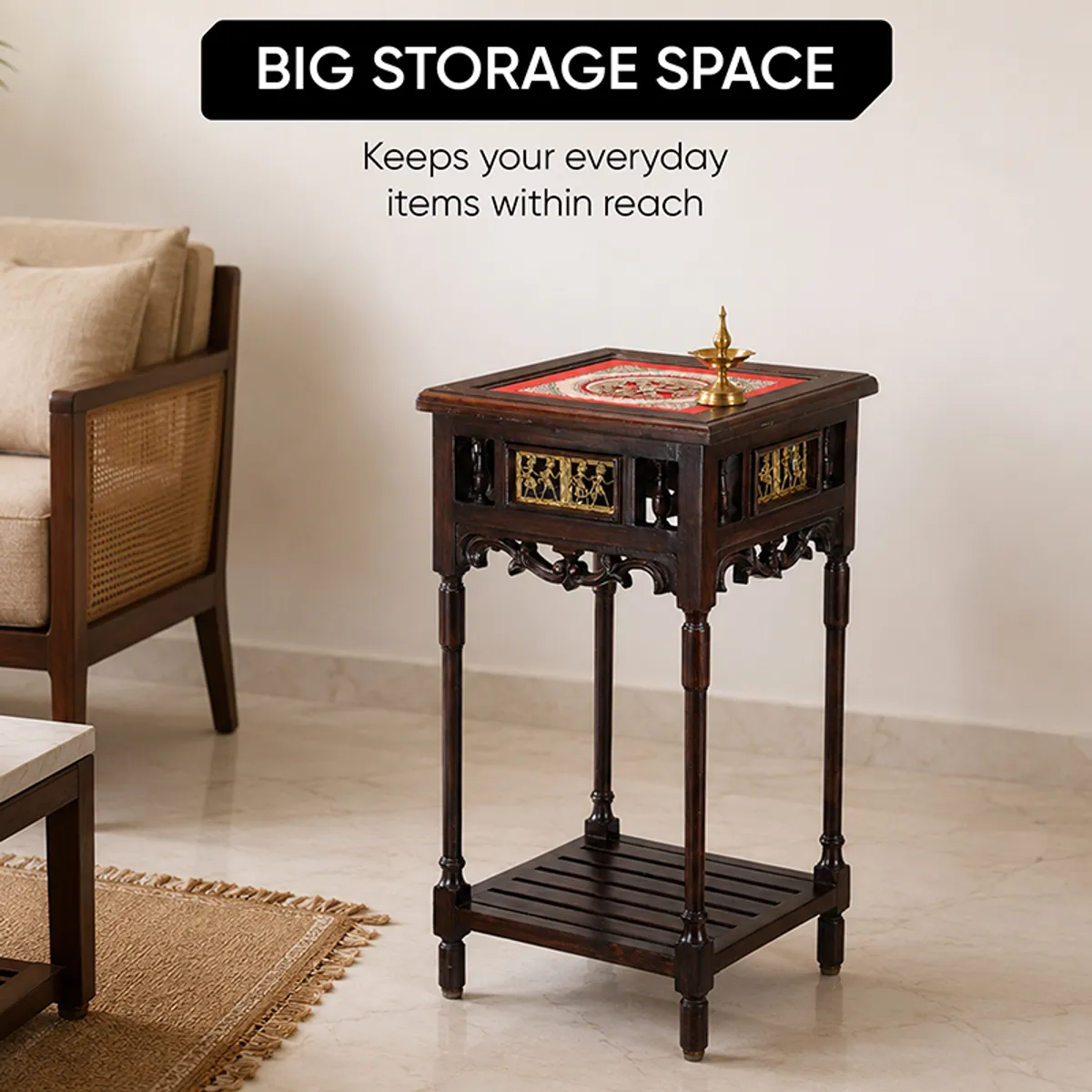 Tall wooden side table with square top and slatted lower shelf