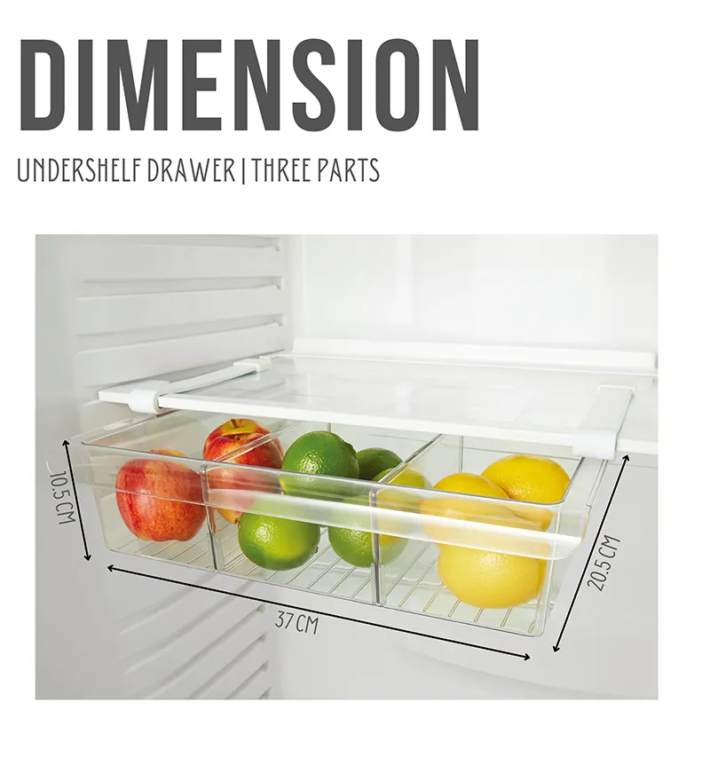 Clear fridge organiser dimensions shown inside a refrigerator