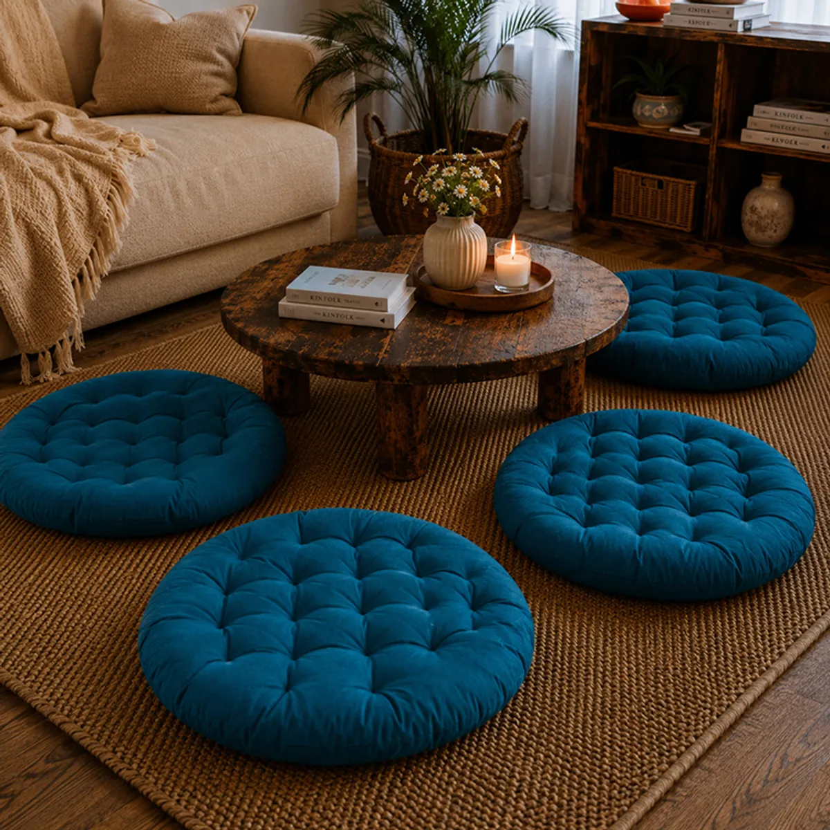 Four round deep green floor cushions arranged around a low wooden coffee table