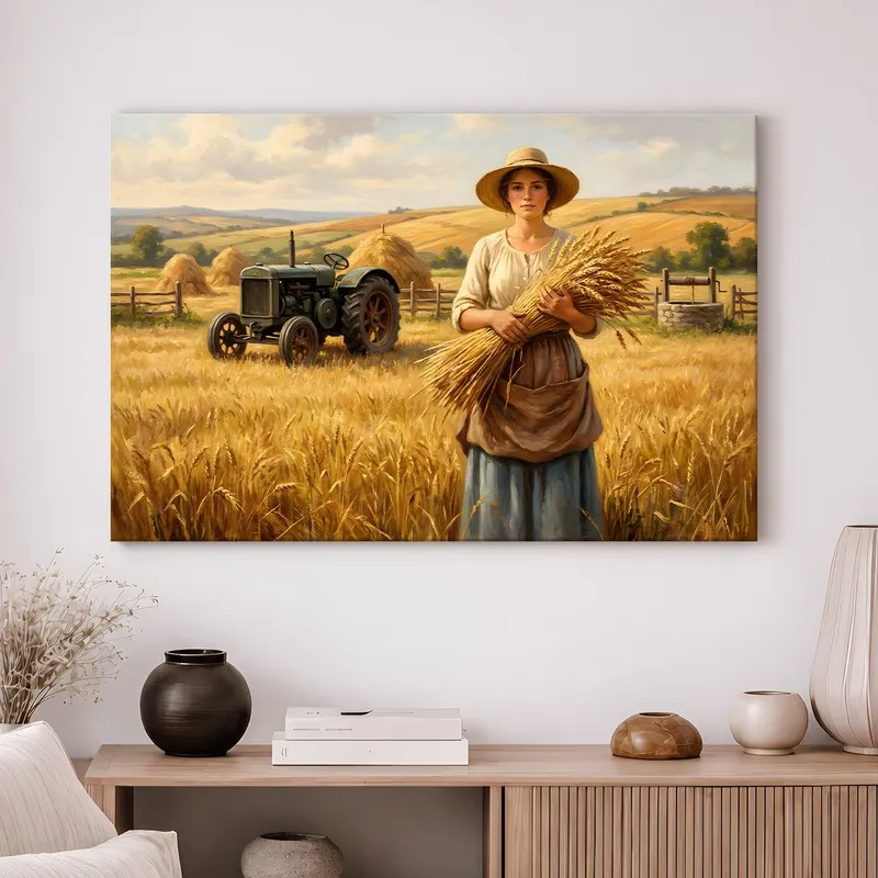 Farm landscape wall art styled above a console table with neutral decor accents.