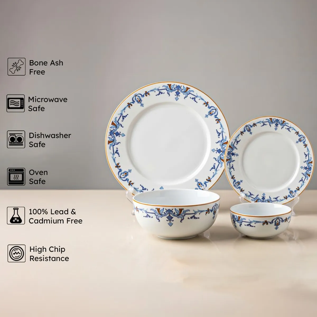 Blue and white porcelain dinnerware set with plates and bowls displayed upright