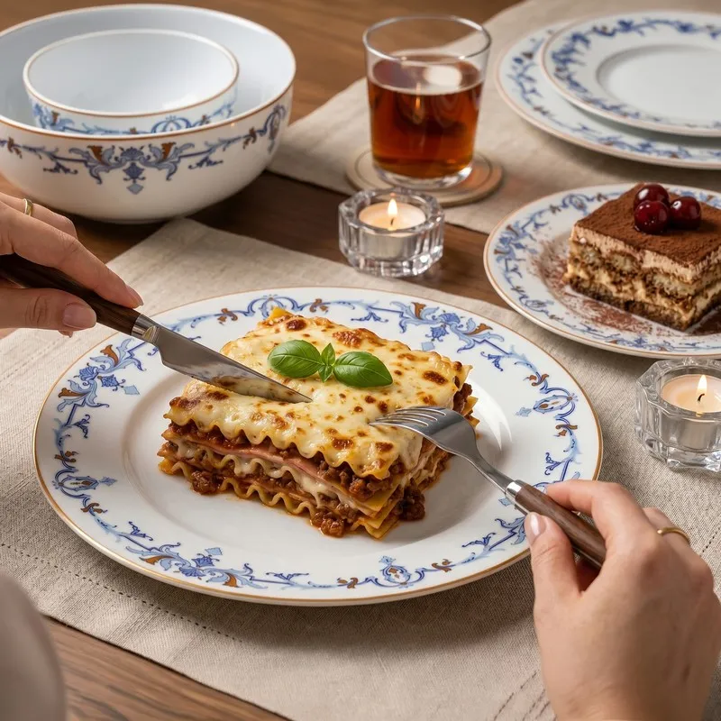 Blue and white patterned plate styled with a meal on a dining table