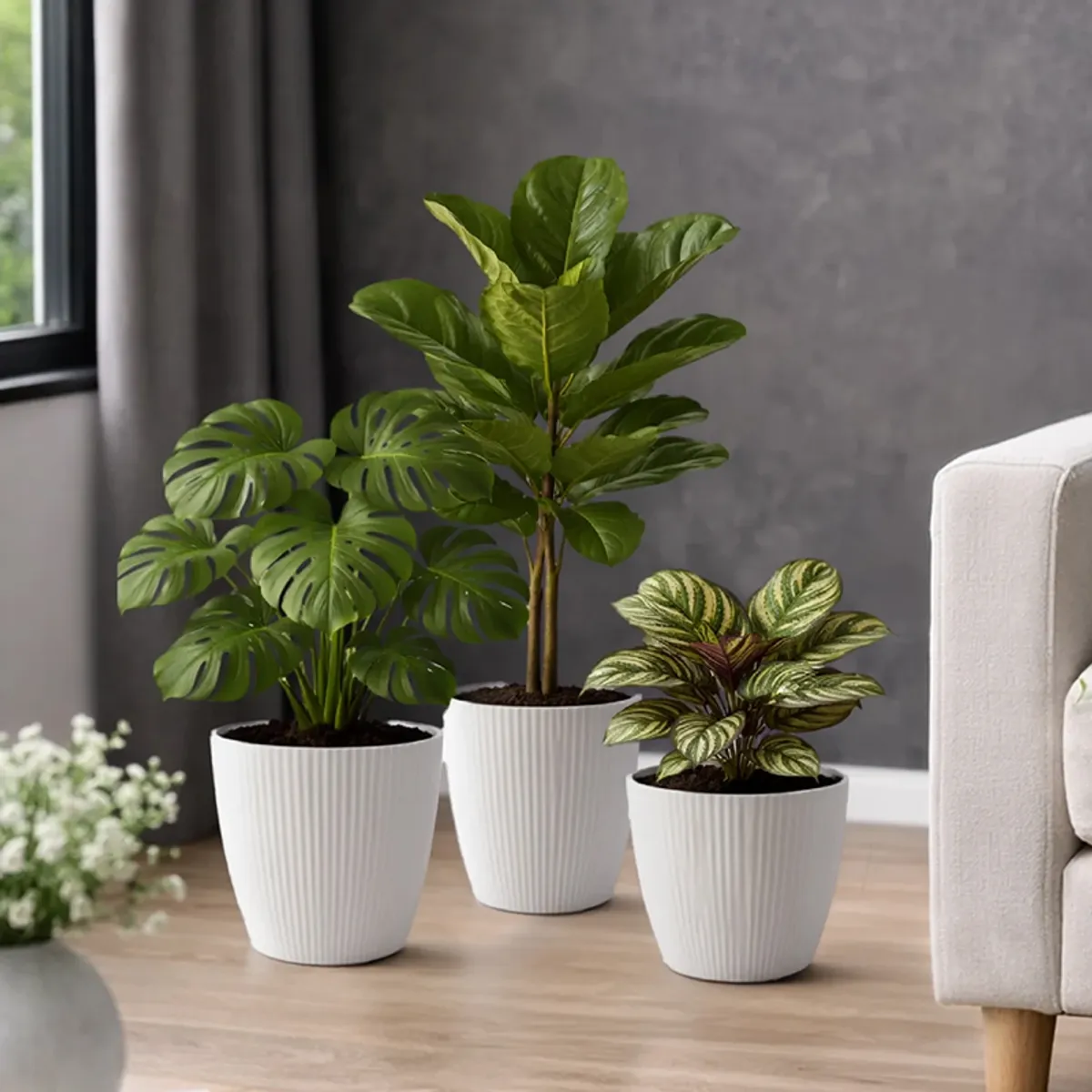 White ribbed planter set styled with green plants beside a sofa