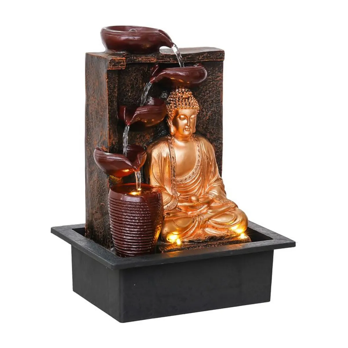 Meditating Buddha LED fountain in maroon, gold and black on a white background
