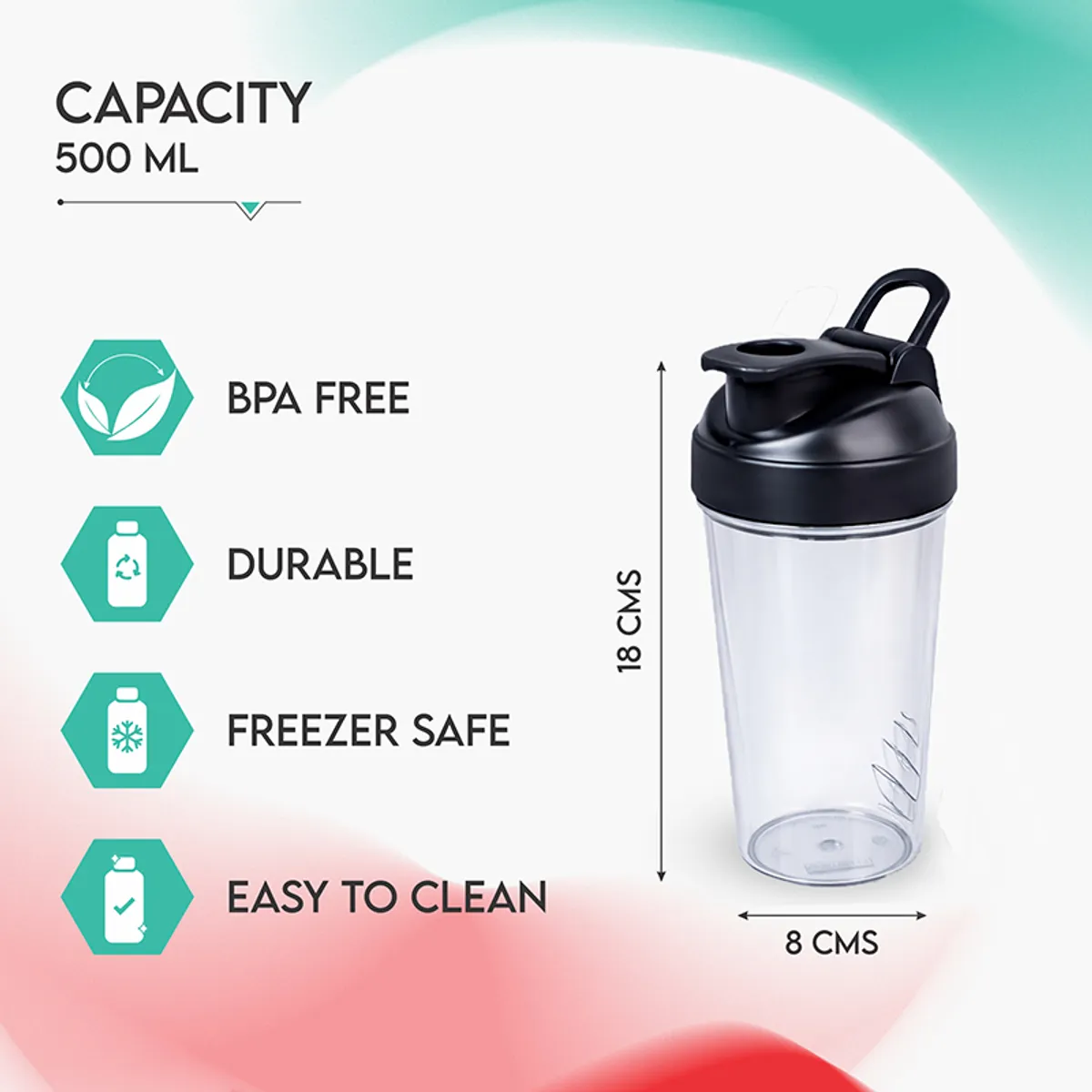 Transparent and black shaker bottle shown with 18 cm height and 8 cm width