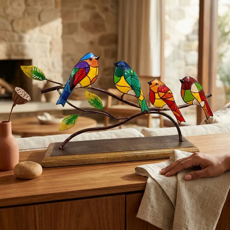 Decorative metal bird showpiece displayed on a tabletop in a living room