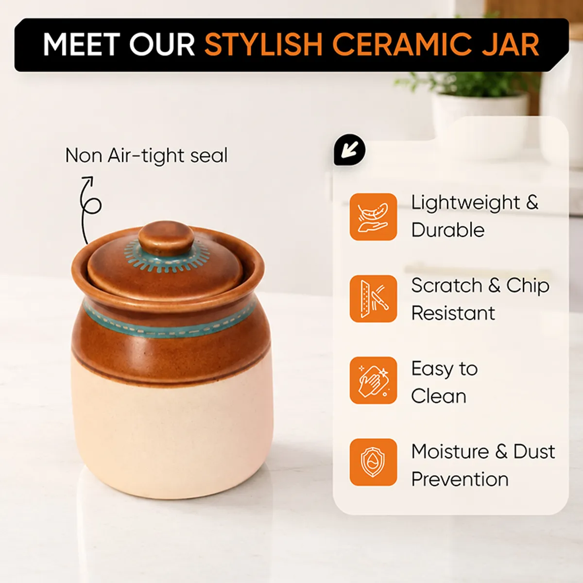 Close view of a glossy ceramic jar with a brown lid and decorative band