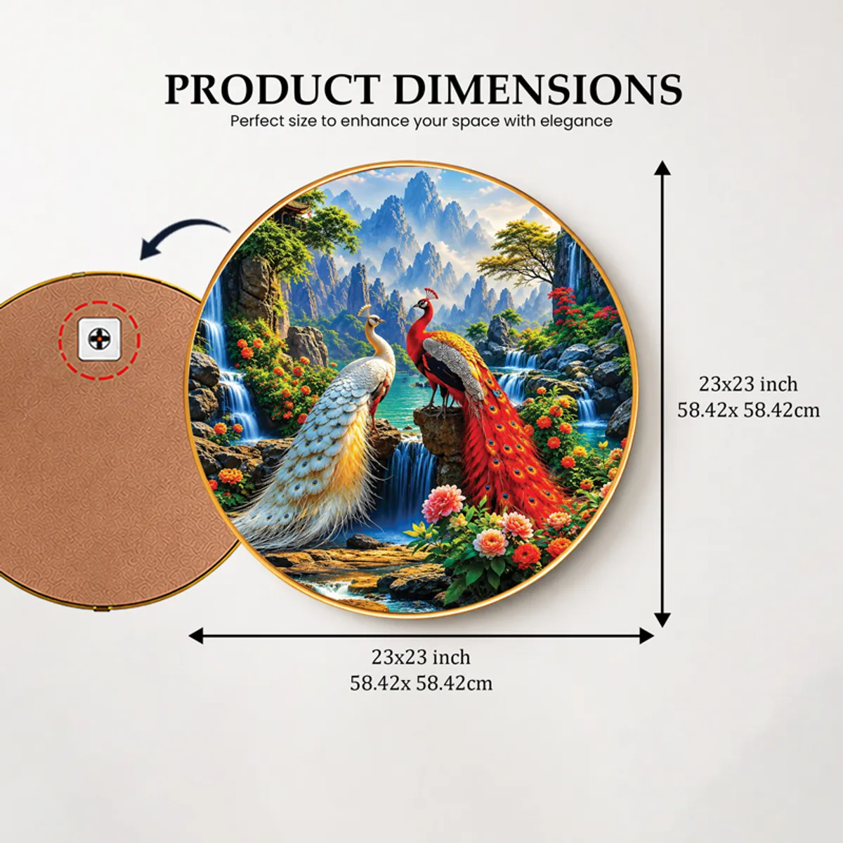 Round peacock wall art with dimension graphic and back hanging detail