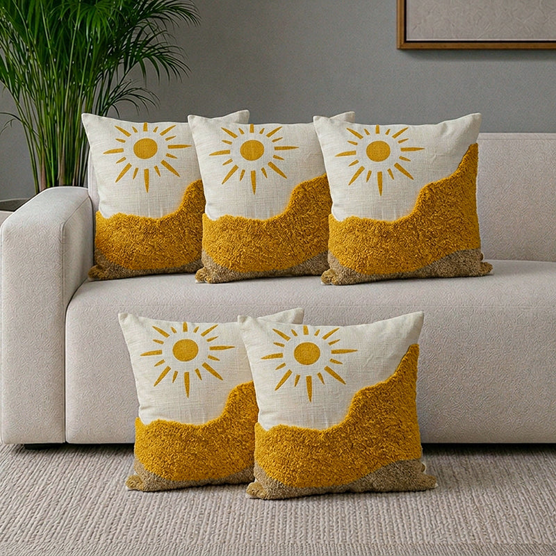 Midnight Sun Tufted Cushion Cover (Yellow & White) - Set Of Five