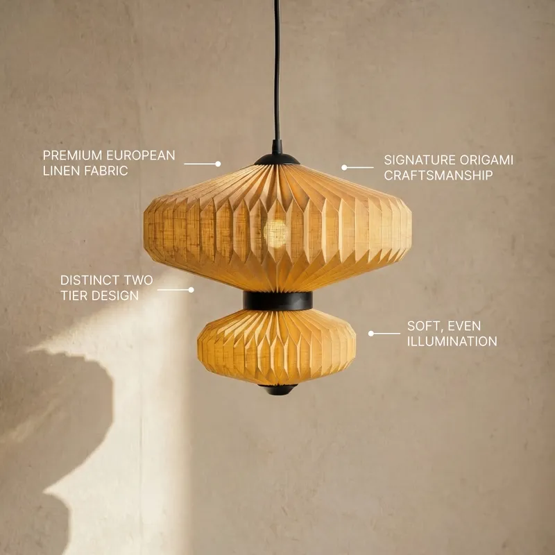 Lit two-tier pendant lamp with annotated promotional text