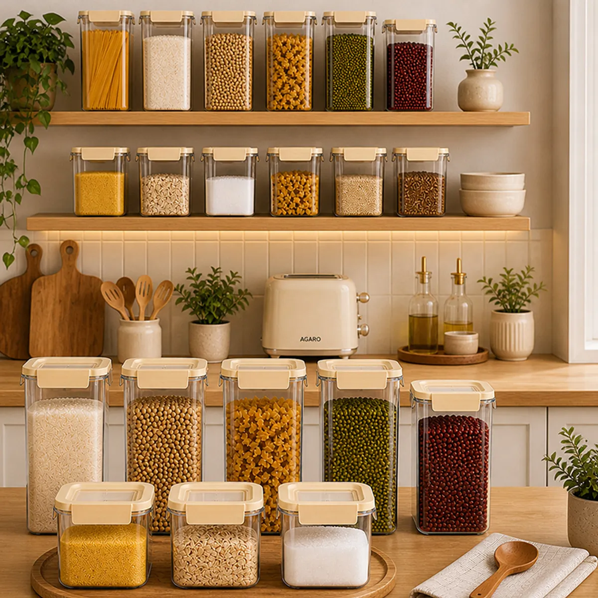 Multiple clear pantry containers with beige lids arranged on open kitchen shelves