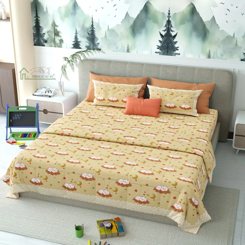 Paw Trails Printed Cotton Kids Bedsheet (Yellow) - 120 TC