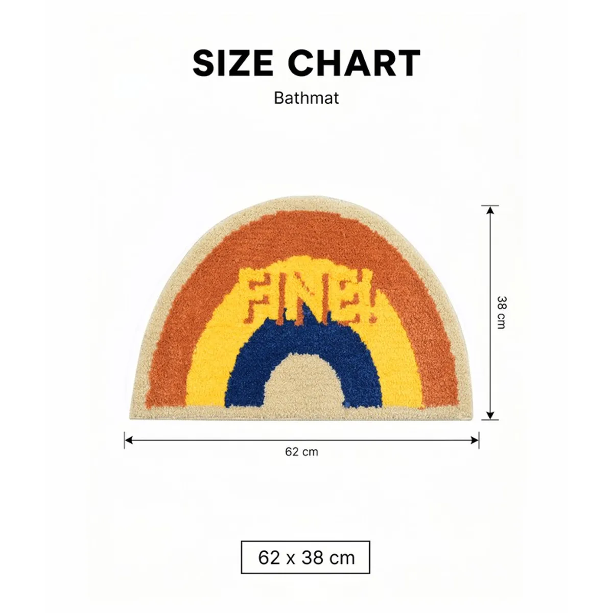 Rainbow-shaped bath mat shown with its 62 x 38 cm dimensions