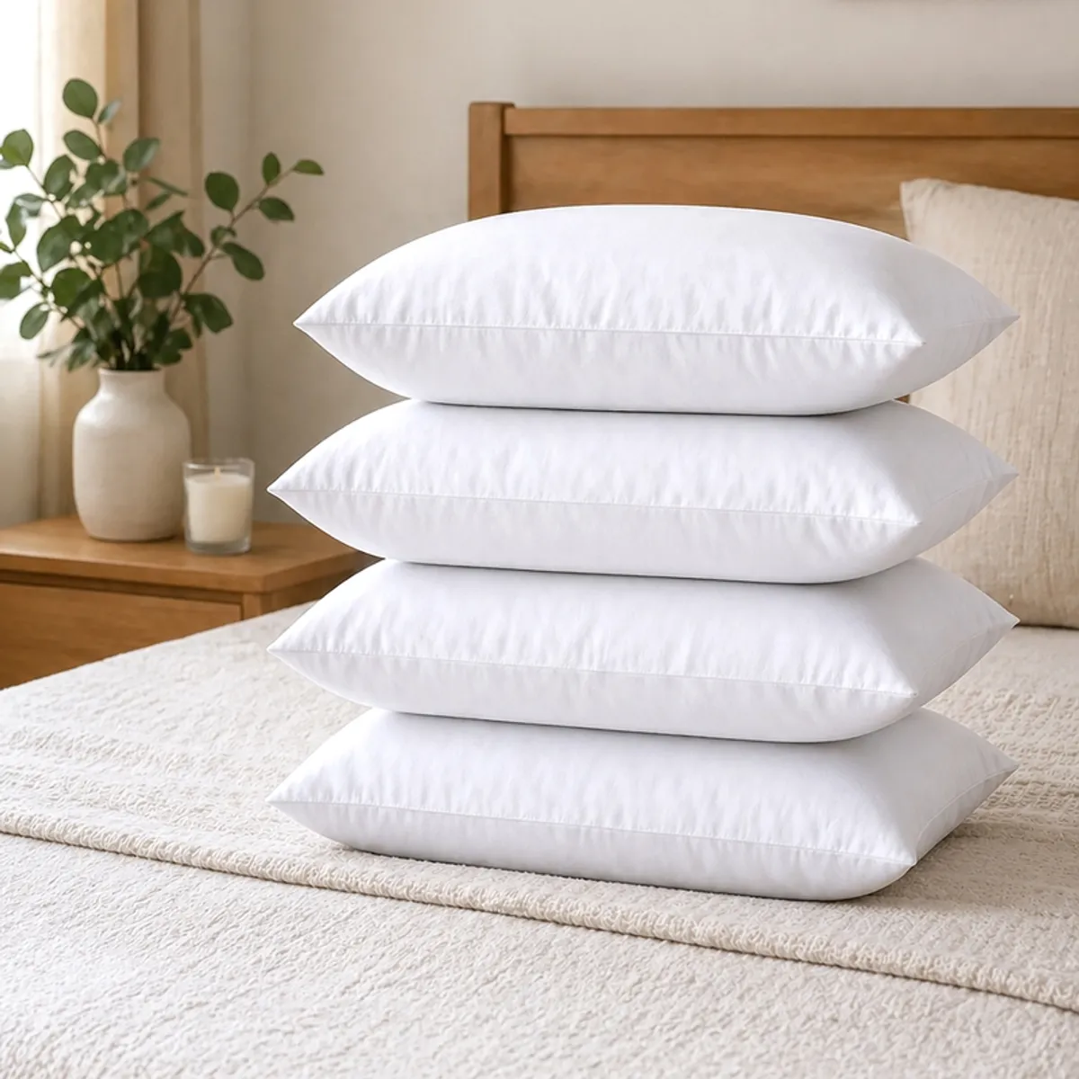 Four white pillow fillers stacked on a neatly made bed.