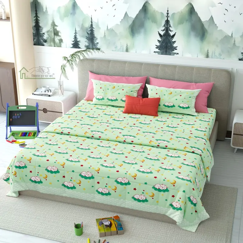 Paw Trails Printed Cotton Kids Bedsheet (Green) - 120 TC
