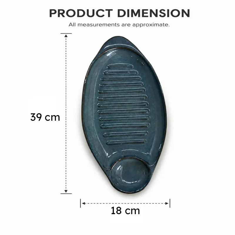 Blue oval platter shown with its approximate 39 cm by 18 cm dimensions