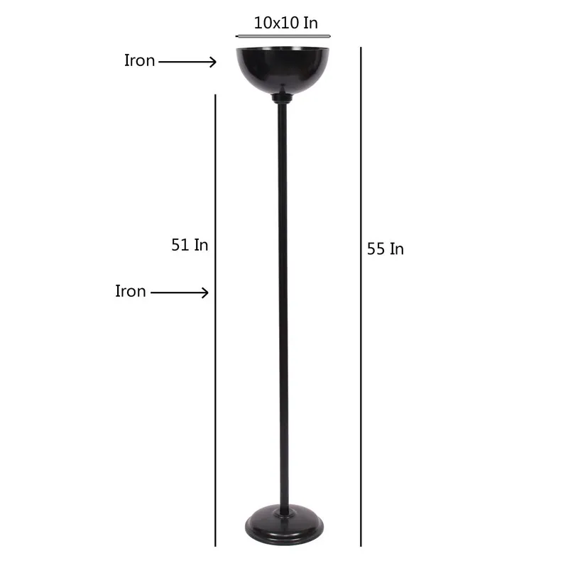 Black floor lamp shown with a visual dimension guide on white background