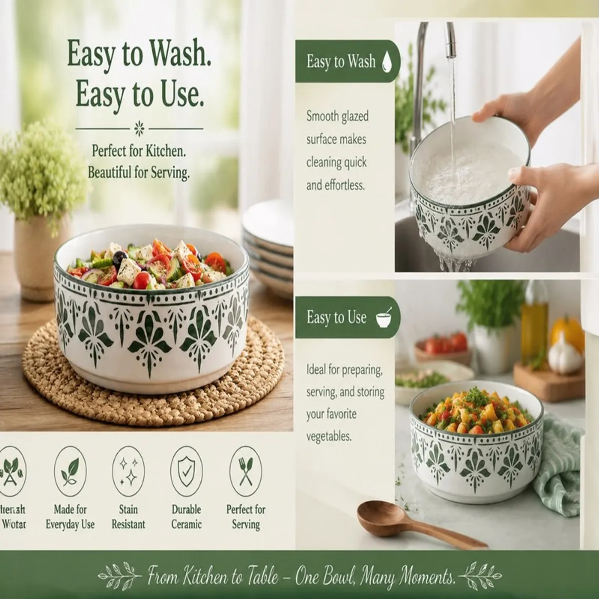 Green floral ceramic bowl shown with salad and washing scenes in a kitchen setting