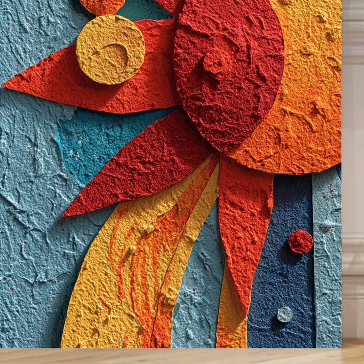 Close-up of the textured multicolour sun motif on the canvas painting