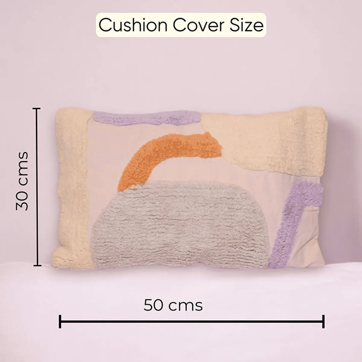 Beige tufted cushion cover size graphic showing 30 x 50 cm dimensions