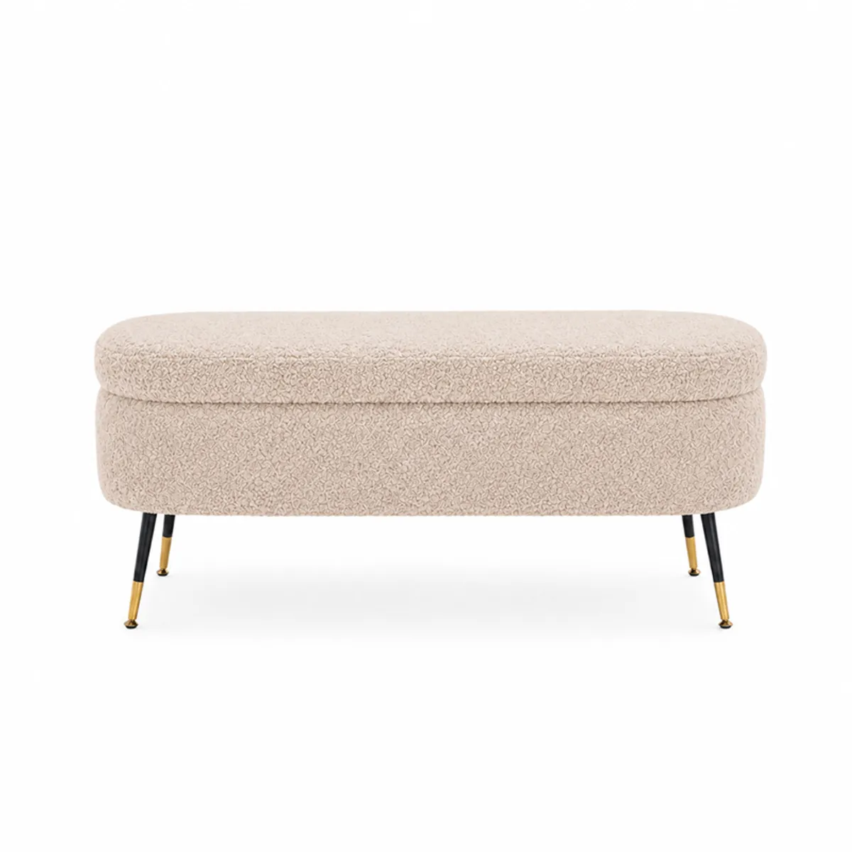 Front view of a beige bouclé bench with slim black and gold-tipped legs