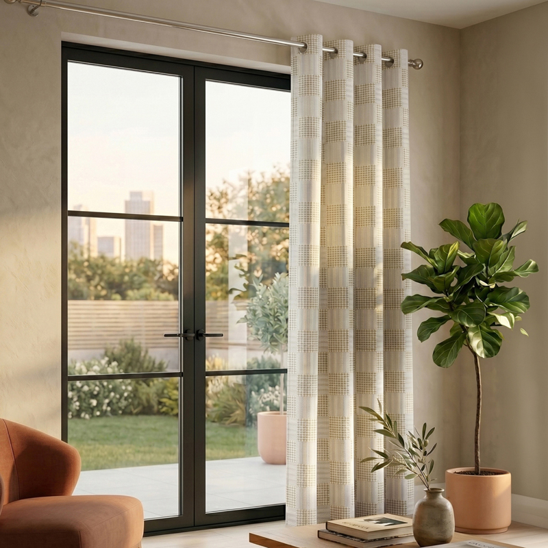 Meya Self Design Cotton Curtains - Beige - Window - 5 Feet