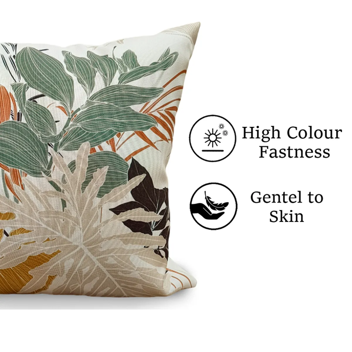 Close-up view of a botanical printed cushion cover in earthy colours.