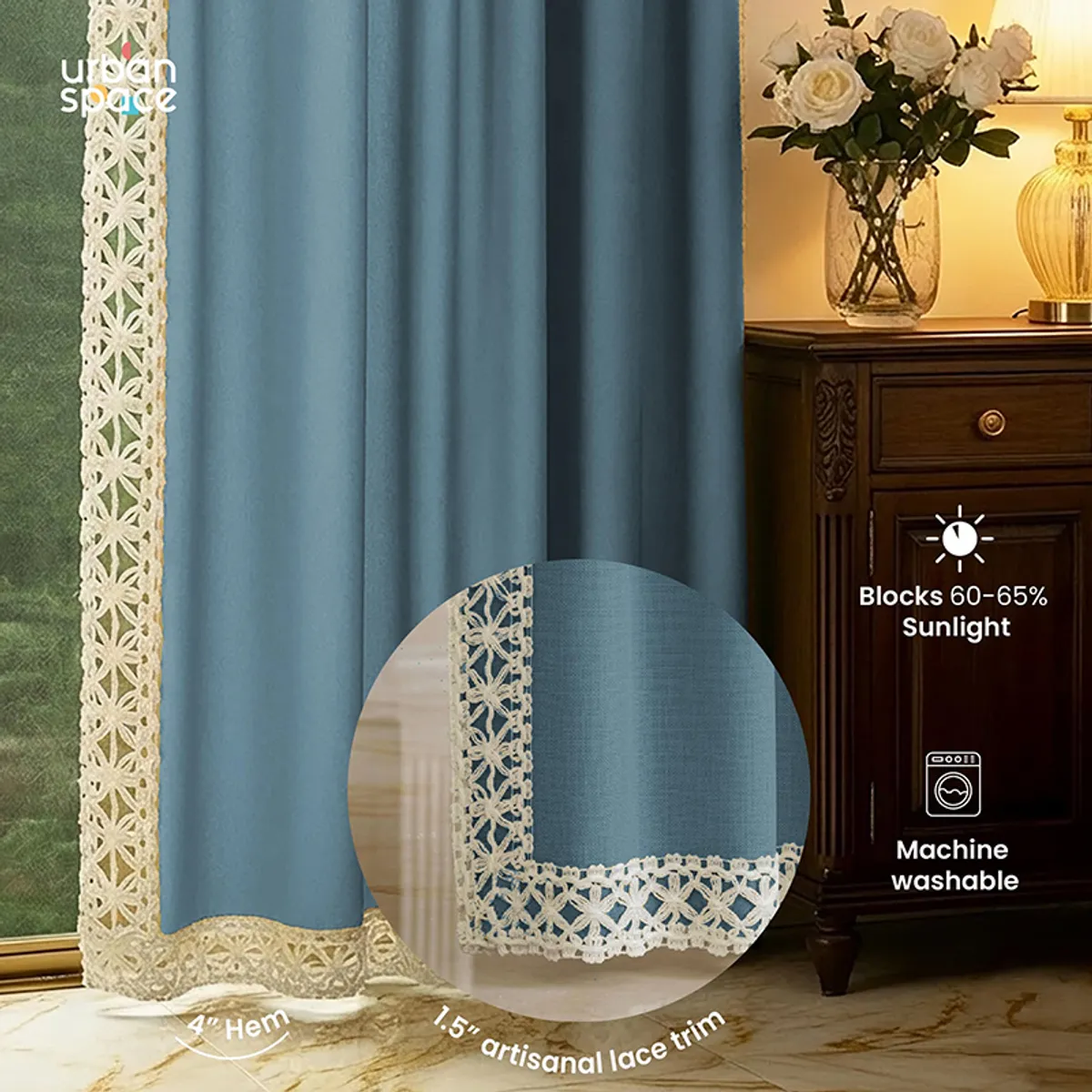 Close-up of blue curtain fabric and cream lace trim