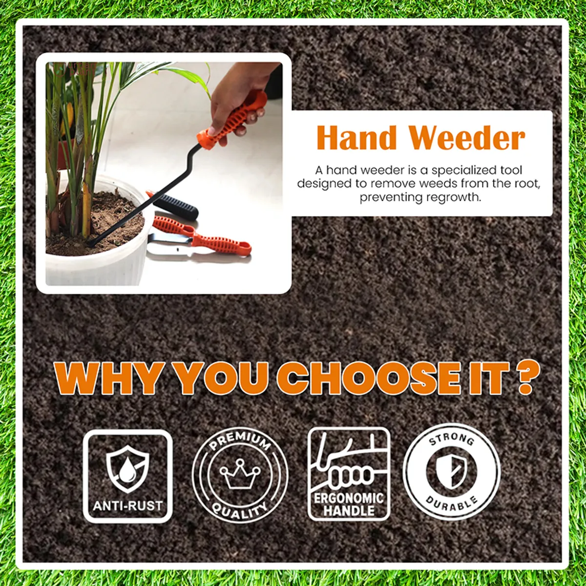 Garden tool usage collage showing hand weeder and feature icons