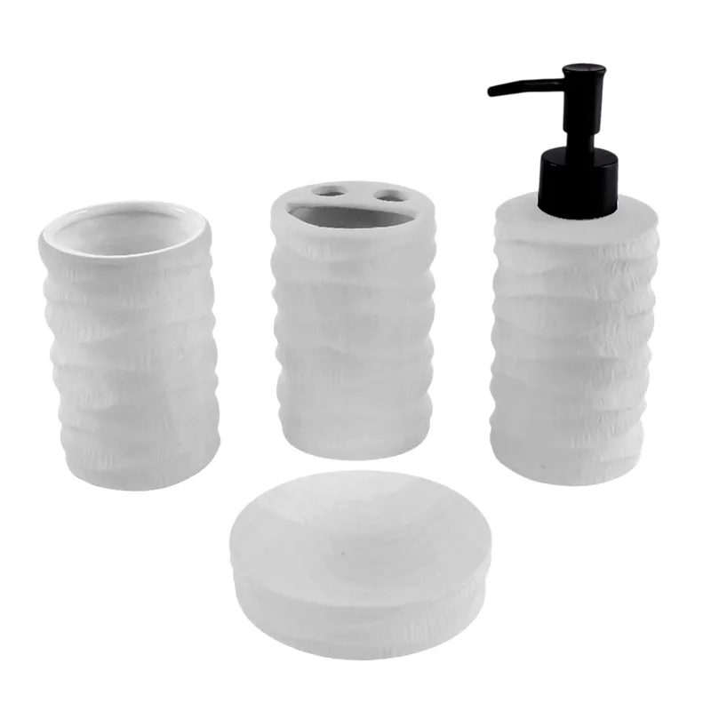 Four white textured bathroom accessories arranged on a plain background