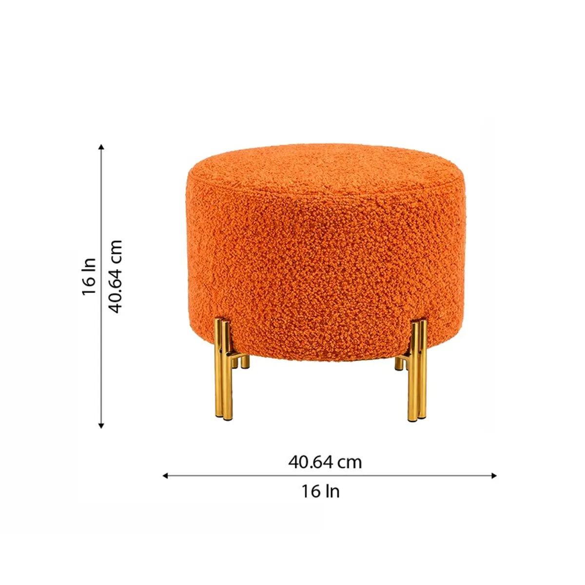 Orange boucle ottoman with dimension arrows shown on a white background
