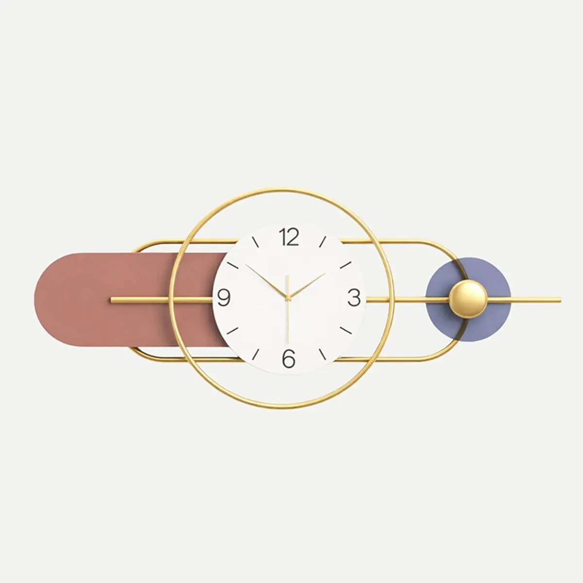 Front view of decorative gold metal wall clock with elongated geometric design