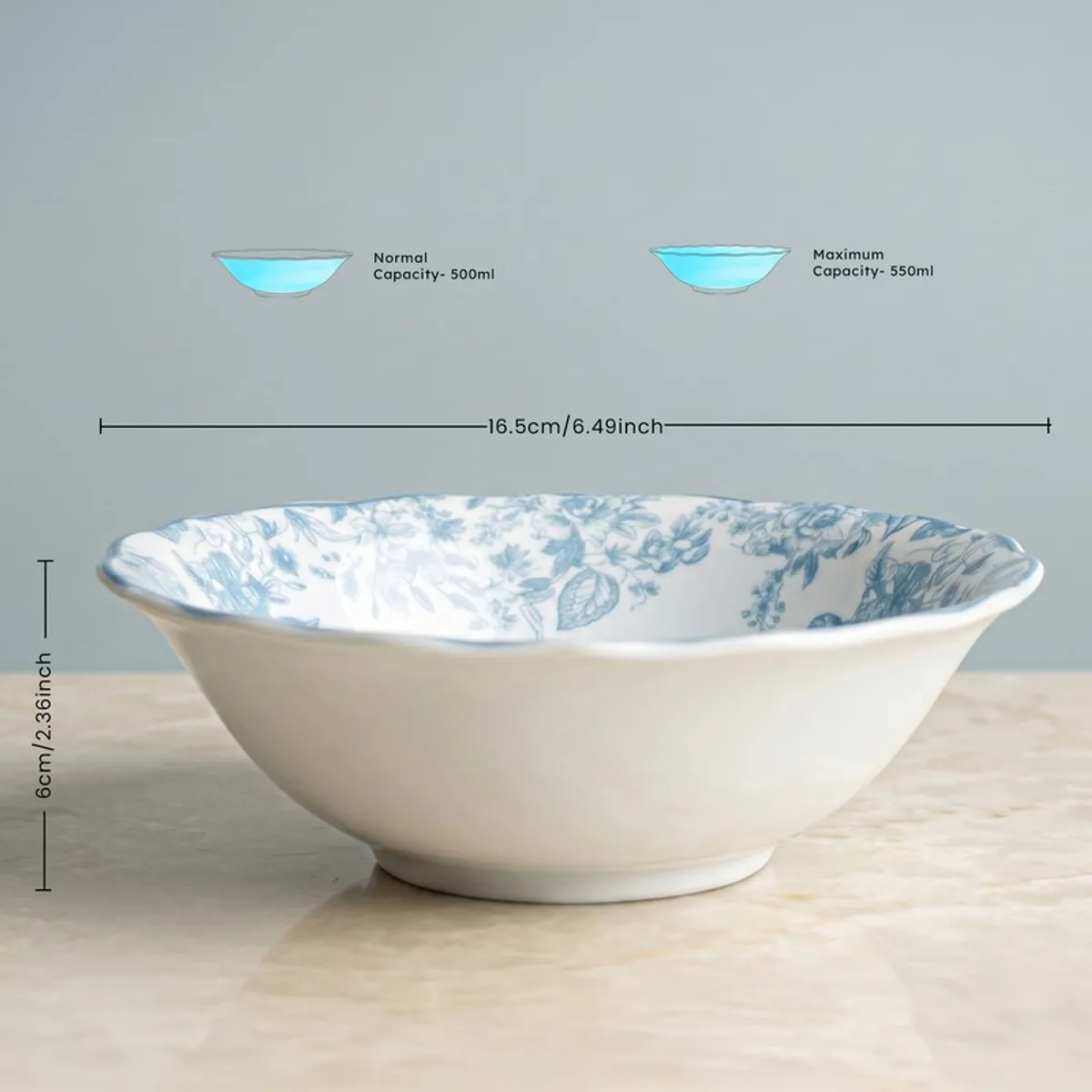 Blue and white floral serving bowl close-up