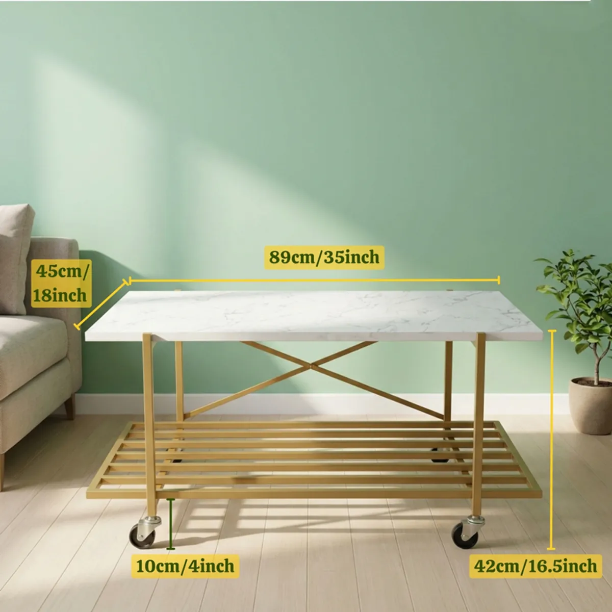White rectangular coffee table with dimensions shown in a living room setting