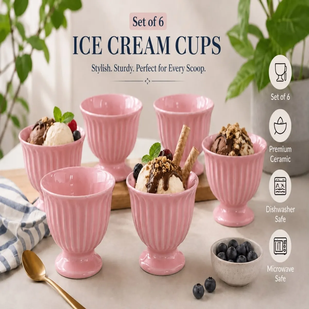 Pink footed ice cream cups filled with desserts in a bright dining setting