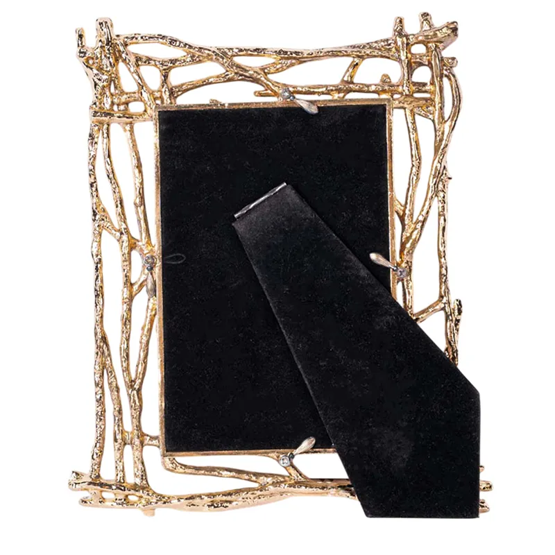 Back view of the gold metal photo frame with table stand