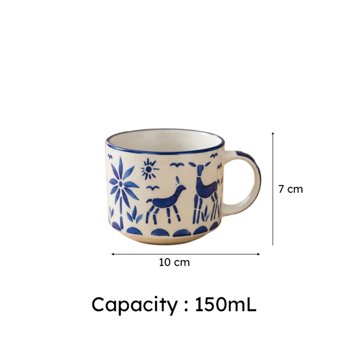 Single white tea cup with blue deer motif and printed size graphic