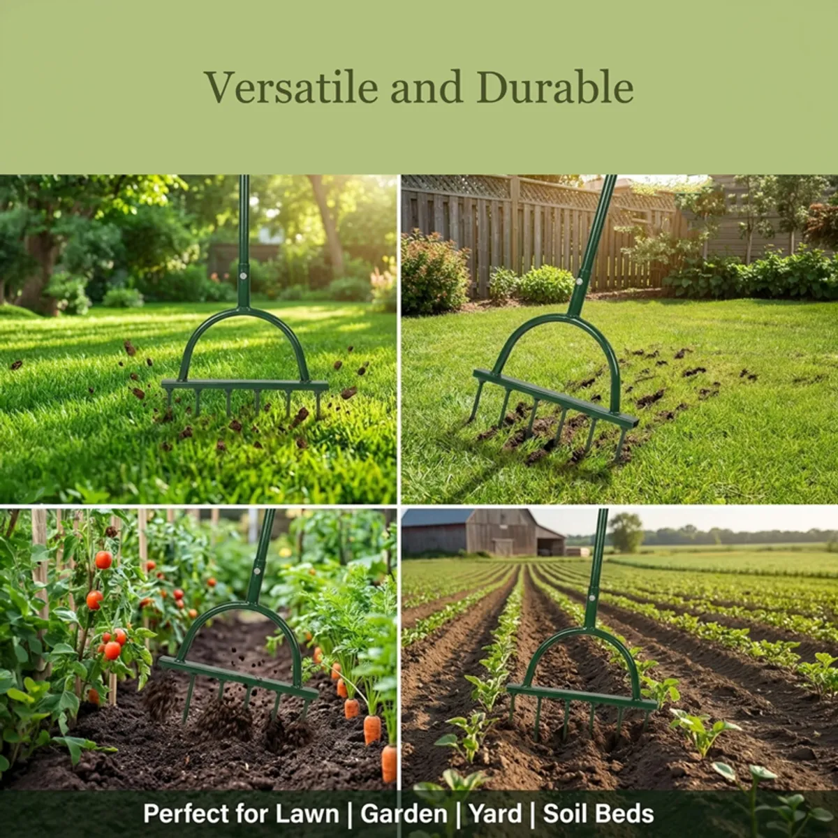 Green soil cultivator working in lawn, garden beds and vegetable rows