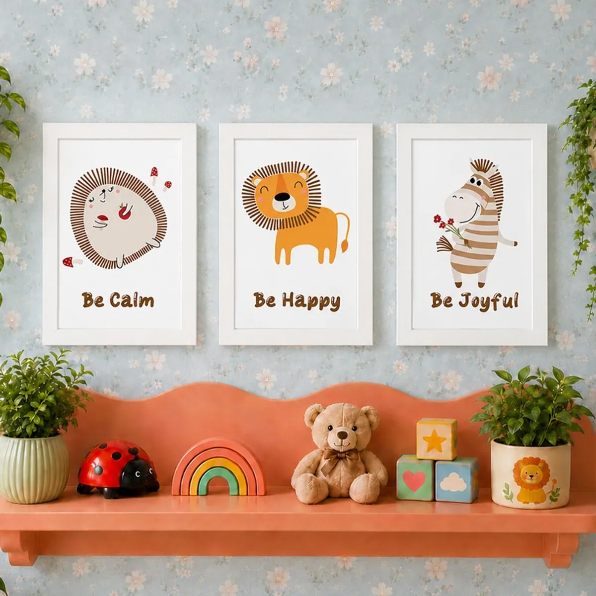 Set of three framed animal prints styled above a shelf with toys and plants